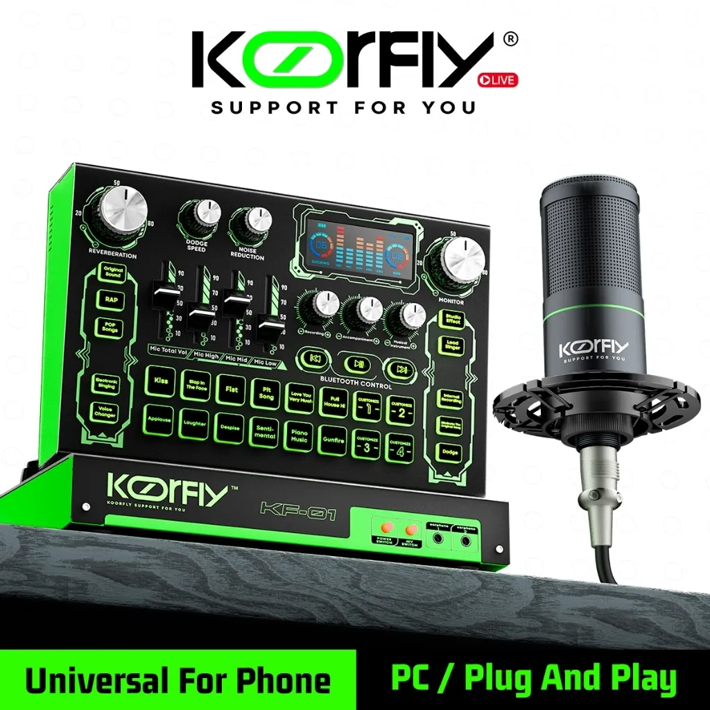 Hadiah Gratis-Koorfly Kf01 Paling Professional Live Soundcard Live Mixer - 48V Recording/4 DIY Efek Suara/LED Layar - Fungsi Yang Paling Komprehensif Audio Livestream Karaoke SoundCard