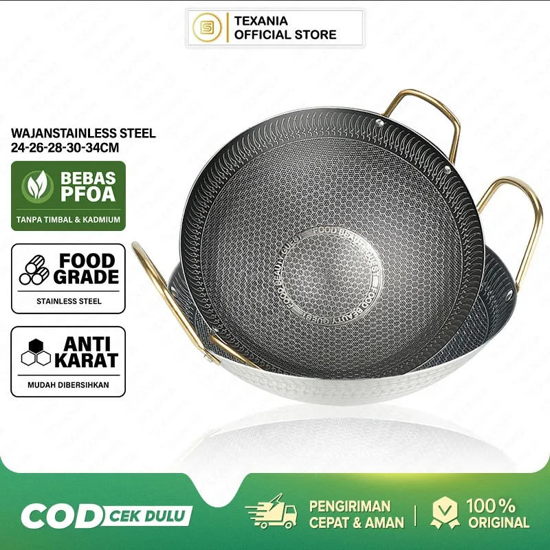 TEXANIA Wajan Stainless Steel Anti Lengket Premium 5 Ukuran Kuali Stainless Serbaguna