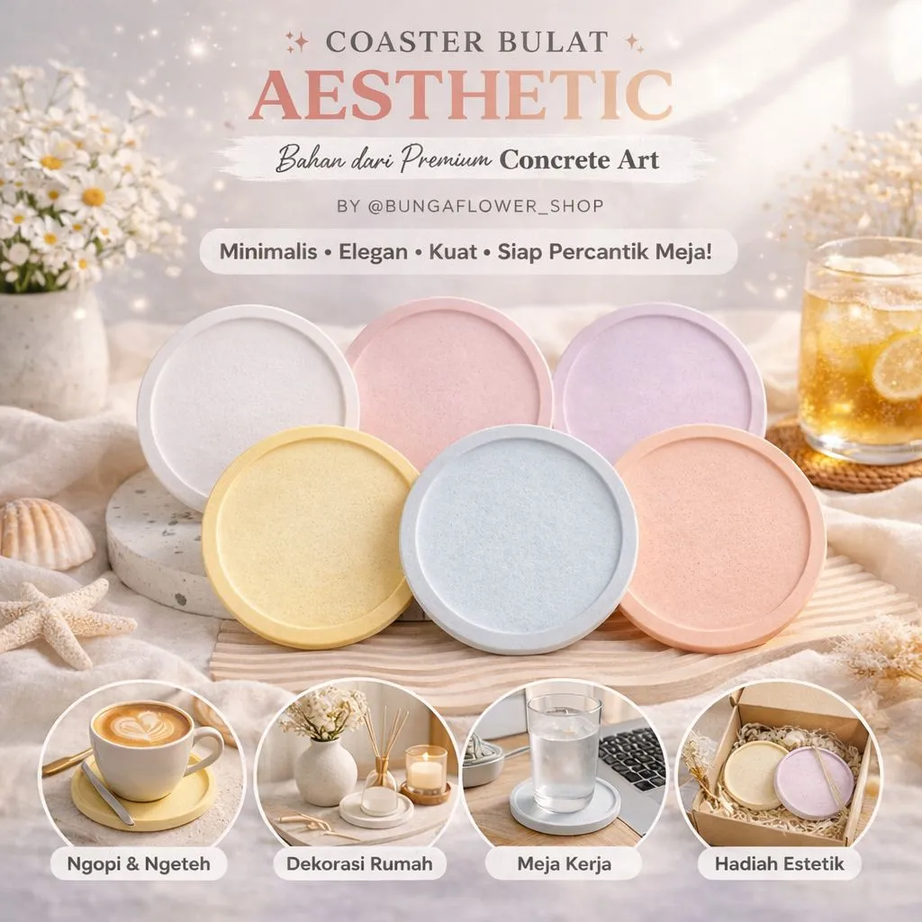 [ PROMO TERMURAH ] Coaster Round Bulat BERGARANSI 100% | 8x8x1 | Tatakan Bulat | Tatakan Aksesoris | Tatakan Skin Care | Properti Fotografi | Dekorasi Rumah Minimalis Kekinian | Coaster Semen Beton | Properti foto Tatakan Serap Air Souvenir Gift Murah