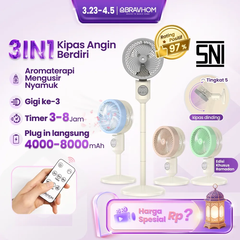 BRAVHOM Kipas Angin Berdiri Aesthetic Dinding 3IN1 4000-8000mAh Remote Aromaterapi Waktu 3-8Jam FN66