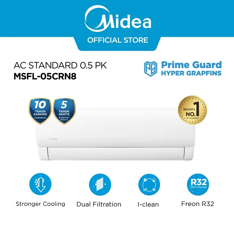 MIDEA AC 1/2 PK STANDARD (0.5 PK) - Fast Cooling Low Watt Anti Bising Turbo Cooling - Hypergrapfins (Unit Indoor & Outdoor Only)