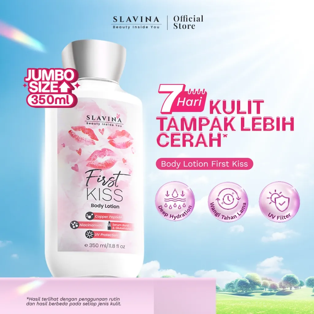 SLAVINA Body Lotion First Kiss by Nagita Slavina 350ML– Handbody Whitening & Body Serum Pemutih Badan, Tone Up Moisturizer Wangi Parfum Mewah Amber Vanilla Musk Niacinamide Glutathione Melembapkan Kulit Cerah Lembut