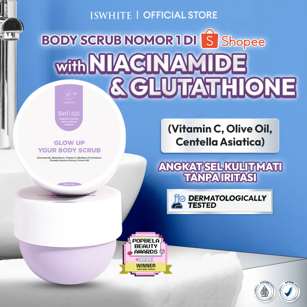 ISWHITE Glow Up Your Body Scrub 120gr - Body Scrub Whitening Scrub Badan Mencerahkan Body Scrub Pemutih Exfoliating Glowing Eksfoliasi Badan Exfoliasi Badan Lulur Pemutih Badan Lulur Mandi Lulur Badan Body Care Pemutih badan BPOM