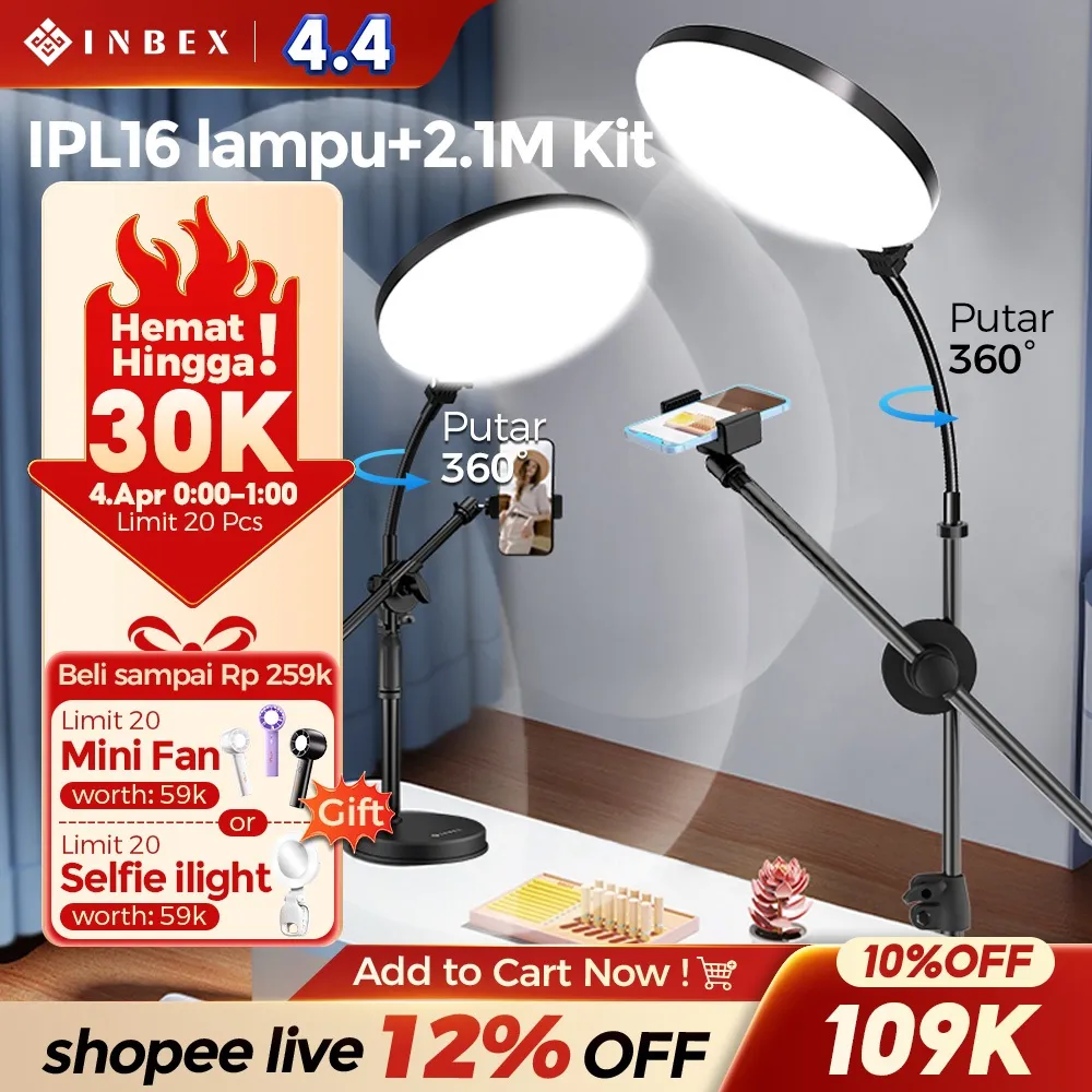 [Putar 360°] INBEX IPL16 Light Bisa diputar 360° Tripod konten kreator ring light 12Inci 8Inci Lampu 3 Warna