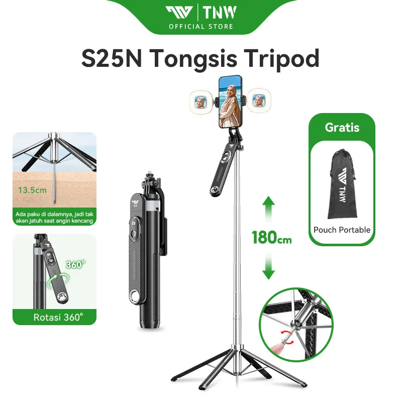 TNW S25N 180CM Tongsis Tripod Ponsel Selfie Stick Paku Penstabil Anti-guncang Untuk Travel & Vlogging