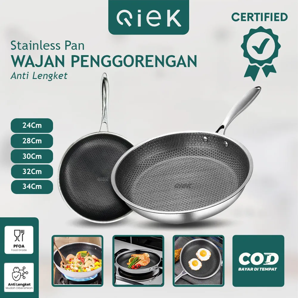 Qiek Wajan Penggorengan Frying Pan Stainless Steel Anti Lengket Wajan Stainless Honeycomb Non-Stick 24/26/28/30/32cm