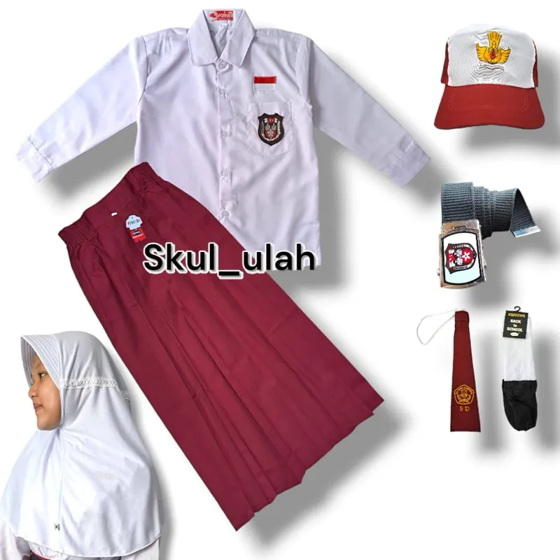 Set Lengkap Seragam Sekolah SD Anak Perempuan Baju Panjang Rok Merah Panjang