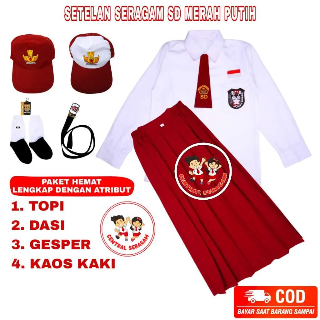 Setelan Super Lengkap Seragam Sekolah SD Perempuan Cewek Merah Putih Baju Panjang Rok Panjang