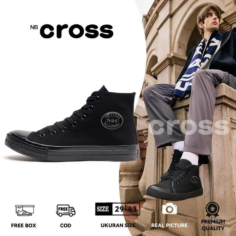 NBCROSS Sepatu Sneakers Pria Wanita Kekinian Korea Casual | Sepatu Cowok Sekolah Hitam Polos Kanvas