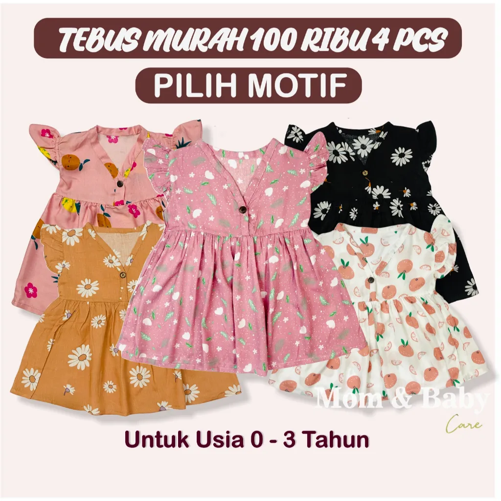 Paket Hemat 4 pcs ( PILIH MOTIF FULL OBRAS ) Dress Bayi Anak Perempuan Usia 0 - 3 Tahun | Baju Bayi Rayon Viscose Premium Parcel Bayi
