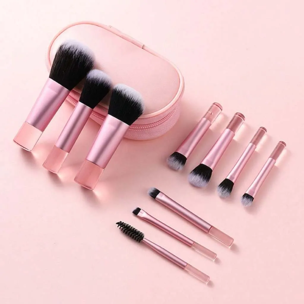 10 pcs Brush Makeup Set Pink Orange Black Bulu Sintetis + Pouch Travel Mini Cute