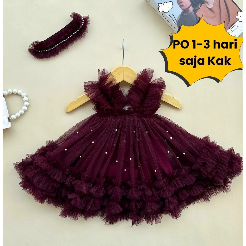 [TERBARU] Dress Tutu Pesta Anak Brukat Mewah selendang FREE bando / gaun petit bayi newborn / kostum pesta ulang tahun ultah