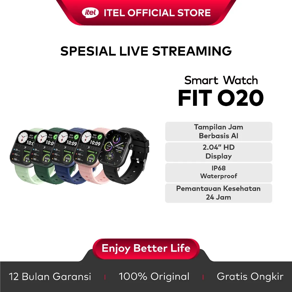 [Spesial Live Streaming] Official itel Smart Watch ISW-O20 AI Watch Face | Pemantau Kesehatan 24 Jam | Layar HD 2.04" | Panggilan BT | Tahan Air IP68 Smartwatch