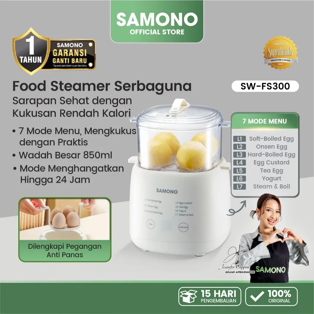 SAMONO Electric Steamer 850ml 7 Mode Pemanasan 24 Jam SW-FS300 Alat Pengukus Elektrik Wadah Kukusan Stainless Food Grade Tahan sampai 24 Jam Pemanasan Stabil Merebus Telur Yoghurt Original
