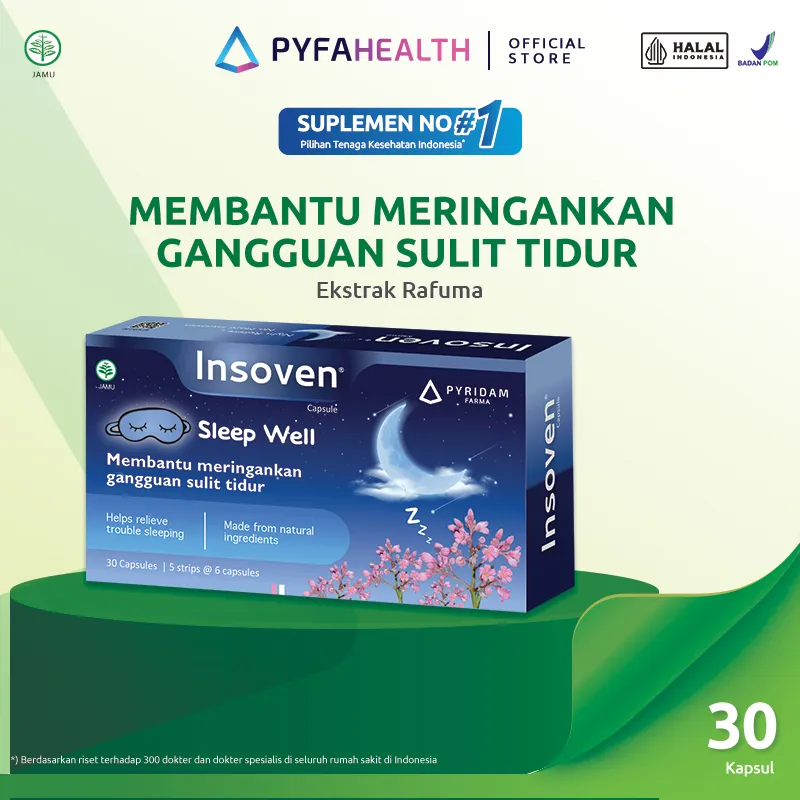 INSOVEN | Suplemen Herbal dengan Ekstrak Tanaman Herbal Rafuma untuk Membantu Meringankan Gangguan Sulit Tidur | 30 Kapsul | Halal dan BPOM Register