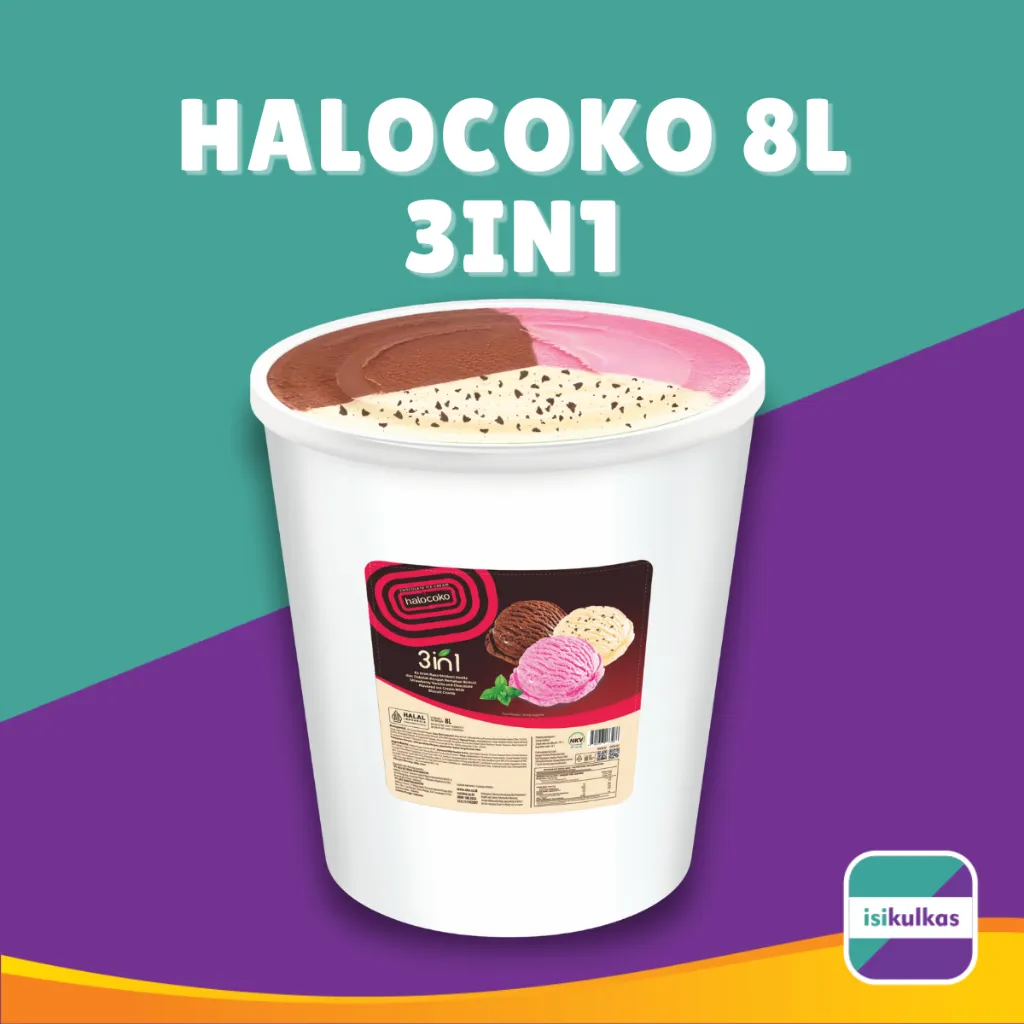 Ice Cream AICE HALOCOKO 3 Rasa Mix / Es Krim Neopolitan dengan choco chips Ember 8 Liter