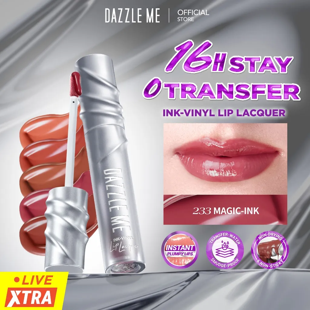 [BPOM] DAZZLE ME Ink-Vinyl Lip Lacquer Lip Cream Lipstik Glossy Tahan Lama 16 Jam Lip Vinyl Transferproof Waterproof Anti Luntur Lipstick Lip Gloss Bibir Plump Non-Sticky Make Up Lip