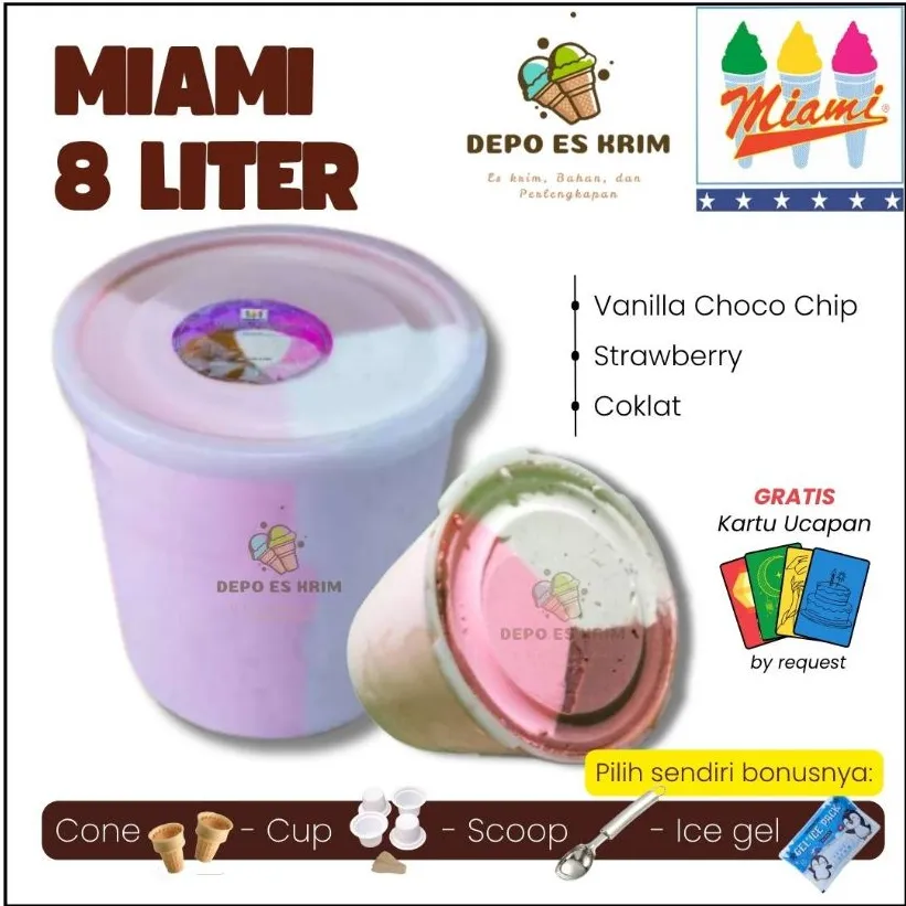 Es Krim  8 Liter AICE Miami Halocoko 3 in 1 Neapolitan Coklat Vanilla Strawberry (Bulk Galon Bucket Pail Literan)