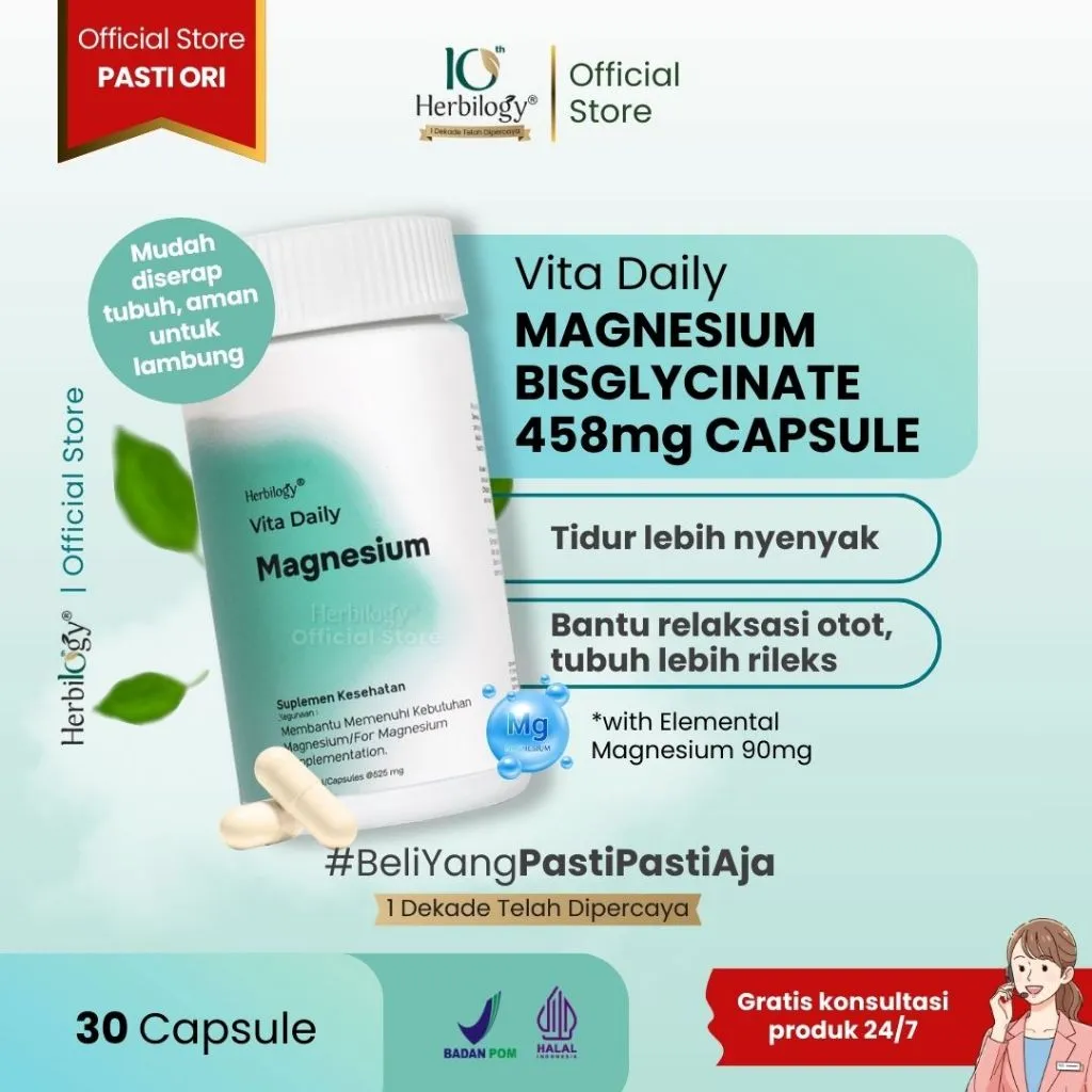 Herbilogy Magnesium Bisglycinate - Suplemen Tidur Nyenyak & kram otot - Vita-Daily Magnesium 30 Caps - High Absorption & Gentle on Stomach