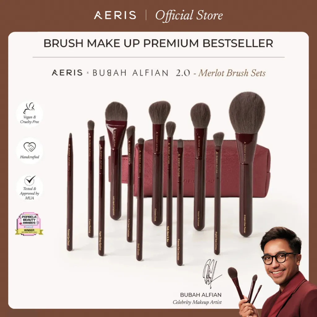 Aeris Beauté x Bubah Alfian 2.0 Merlot Brush Set | Brush Make Up Set Kuas Rias Lembut Premium 1 Set Lengkap Eksklusif Berkualitas Profesional MUA Multifungsi untuk Wajah Powder Foundation dan Eyeshadow