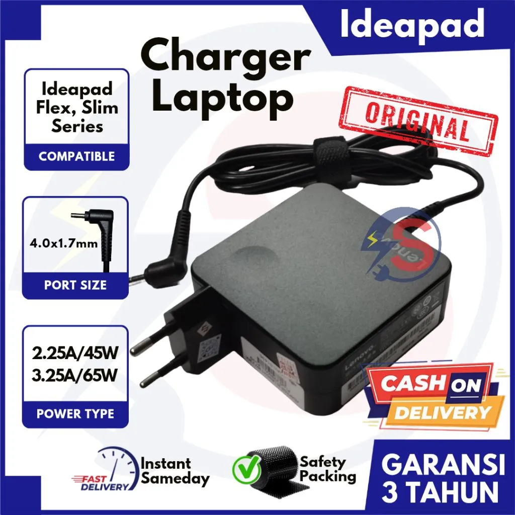 [GARANSI 3 TH] Charger Laptop Lnvo ldeapad Original Small Plug Pin Bulat Seri 100 100-14 110 110S 120 130 310 320 330 510 520 710 Slim 3 5 7 Flex 4 5 6 Yoga 2 S145 D330 V14 V15 S340 C340 S540 2.25A 45W 3.25A 65W