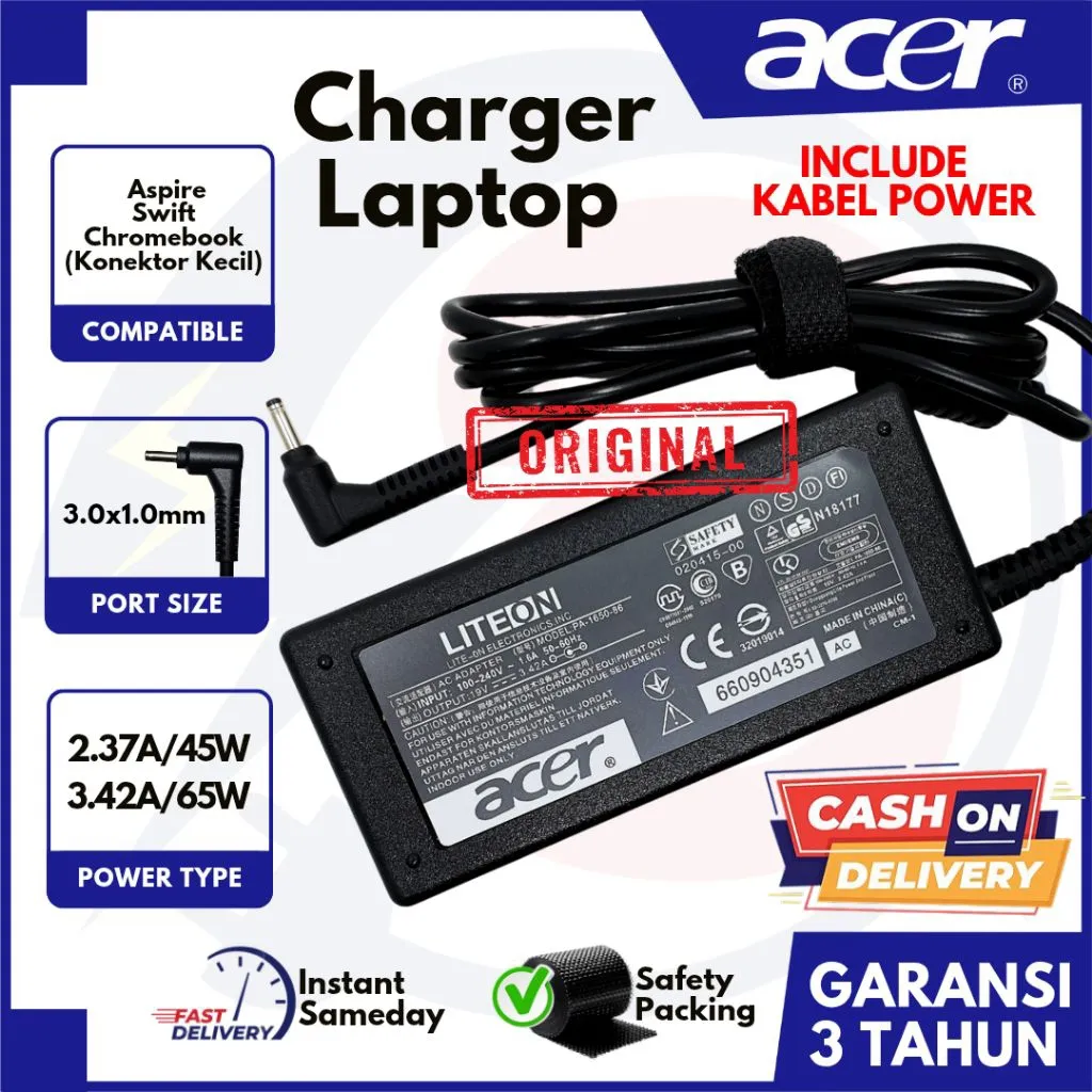 [GARANSI 3 TH] Charger Laptop ACER Original Small Plug Bulat Aspire 3 A314-22 A314-22G Aspire 5 A514-52 A514-52K A514-52G Swift 3 SF313-51 SF313-52 SF314-41 SF314-41G 45W 65W 2.37A 3.42A