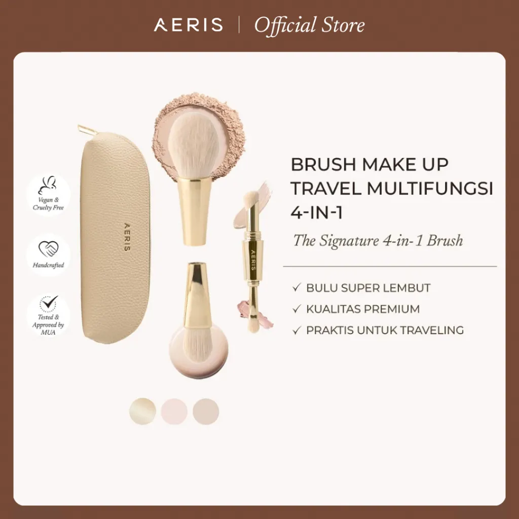 Aeris Beauté The Signature 4-In-1 Brush | Alat Make Up Kuas Rias Lembut Premium Multifungsi 4in1 Travel Portable untuk Bedak Foundation Concealer Eyeshadow