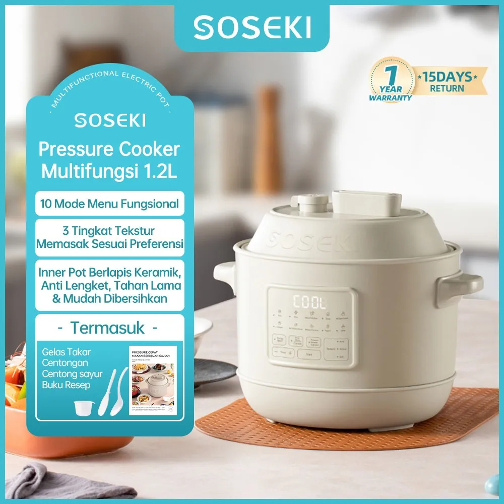 SOSEKI Panci Presto Listrik 1.2L / Electric Pressure Cooker Multifungsi 10 Menu Masak / Lepas Tekanan Otomatis Dengan Suara Lembut