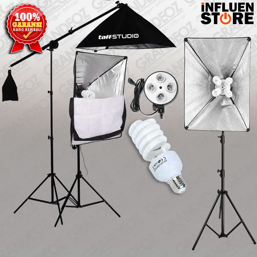 PAKET SET 4 in 1 SOFTBOX E27 50x70cm + Light Stand + Lampu Bohlam LED Studio Soket Payung 50 x 70 cm Lighting Continuous Video Reflektor Soft Box Boom Arm Youtuber Key Light TaffSTUDIO