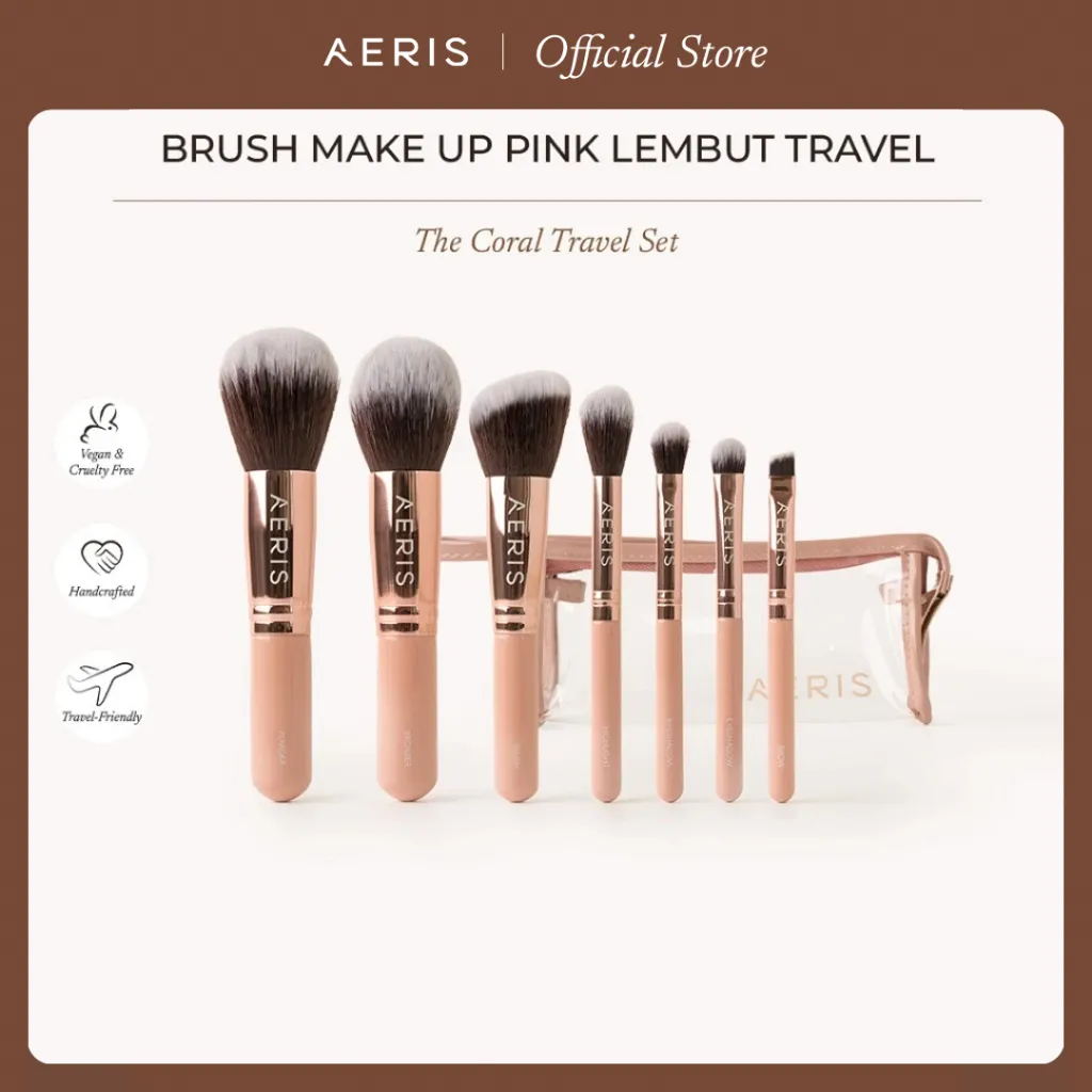 Aeris Beauté The Coral Travel Brush Set - 7 pcs Complete Set | Brush Make Up Set Kuas Rias Lembut Cute Mini 1 Set Lengkap untuk Travel
