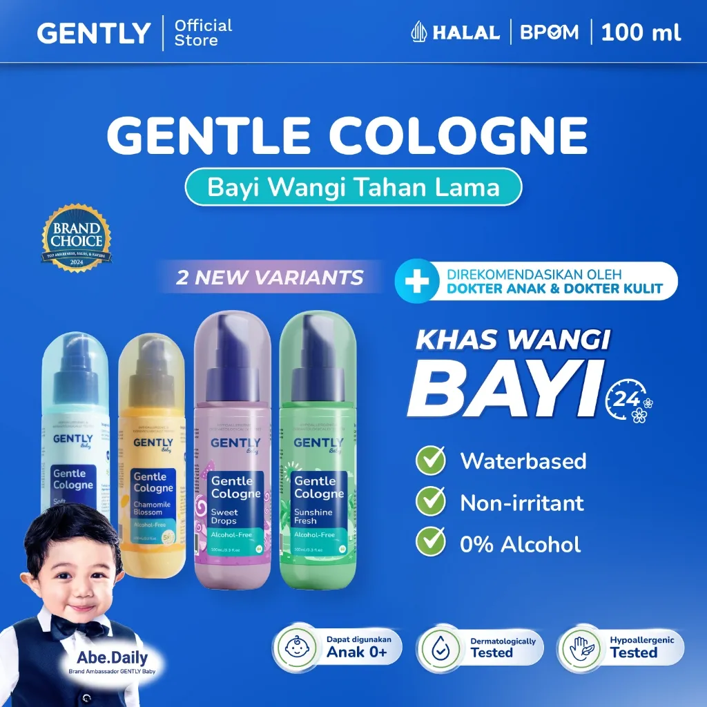 GENTLY Baby Gentle Cologne - Parfum Bayi Non Alkohol - Wangi Parfum Tahan Lama - Newborn & Sensitive-skin Friendly