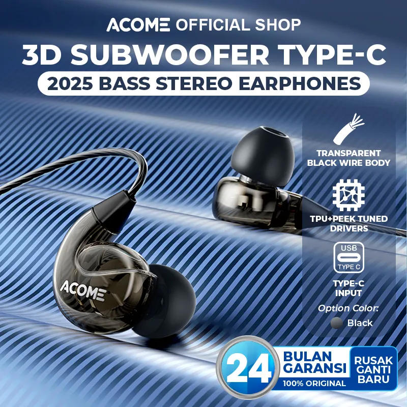 [BISA COD] ACOME 3D Subwoofer Headphone Earphone Headset Type-C/Jack 3.5mm Powerfull Bass Plug and Play Transparent Wired Body Black ACE01 Pro/ACE01 Original Garansi 24 Bulan