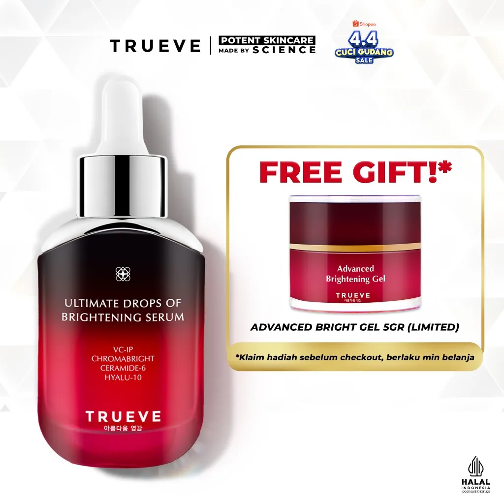 TRUEVE Ultimate Drops of Brightening Serum - Serum Pencerah Wajah, Perawatan Wajah Antioksidan dan Memperkuat Skin Barrier, Kulit Normal Kering Kusam (Premium Vitamin C (VCIP Dari Jepang) + 6X Ceramide) Mencerahkan Memutihkan Meratakan warna kulit