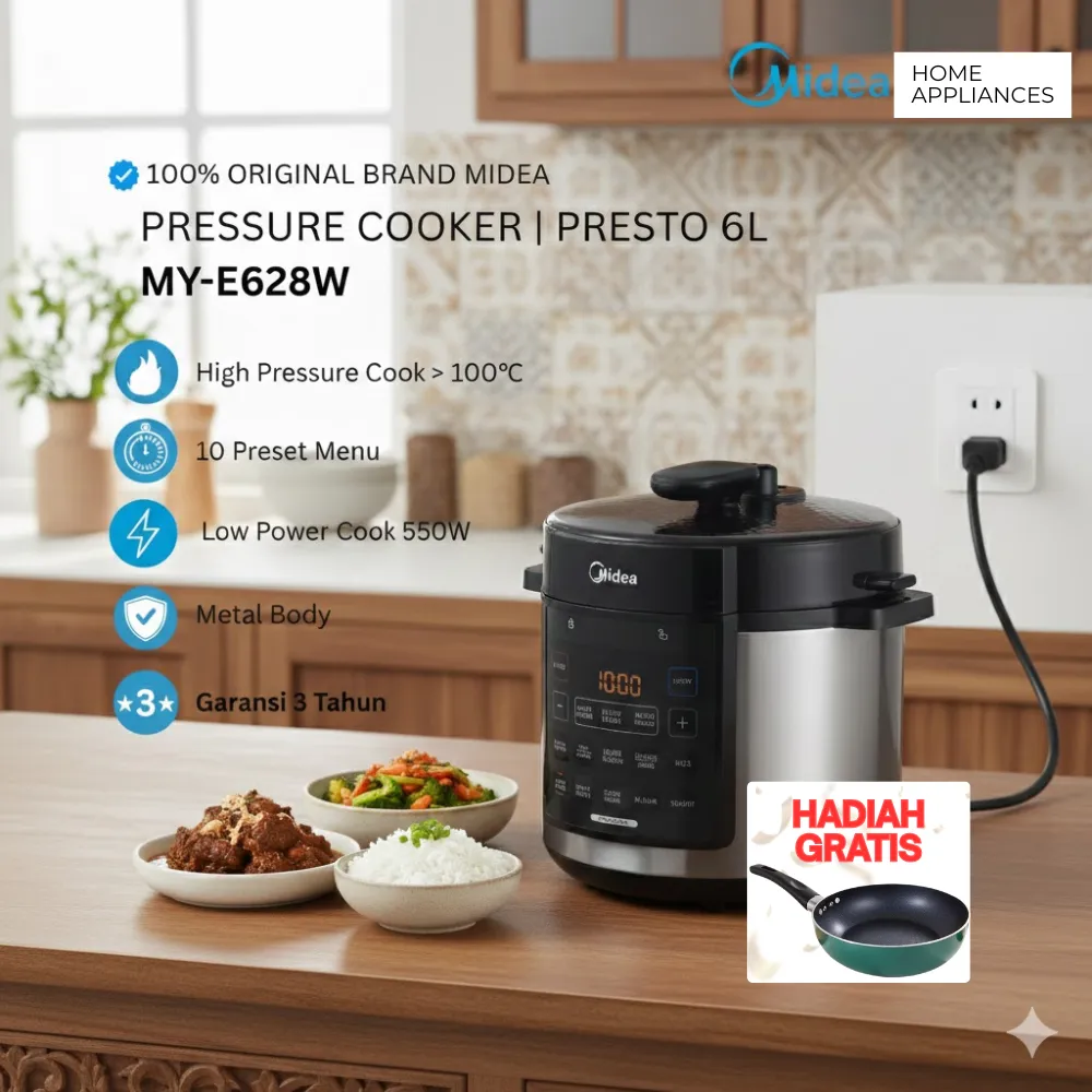[BEST SELLER] Midea Pressure Cooker Low Watt MY-E628W/MPM50010AMG 5L - Masak Daging Cepat & Empuk