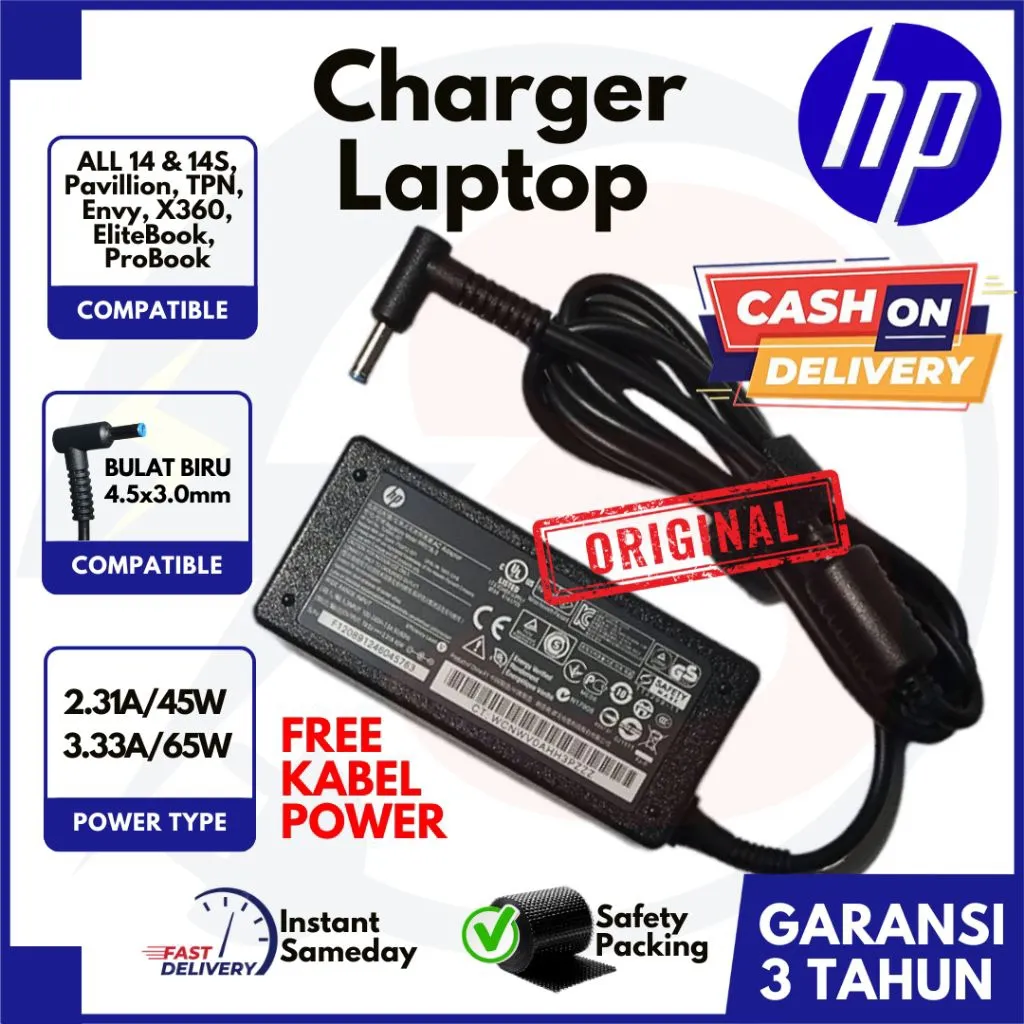 [GARANSI 3 TH] Charger Laptop HP Original Pin Biru 14 14s Pavillion Envy TPN X360 Elitebook ProBook 3.33A 2.31A