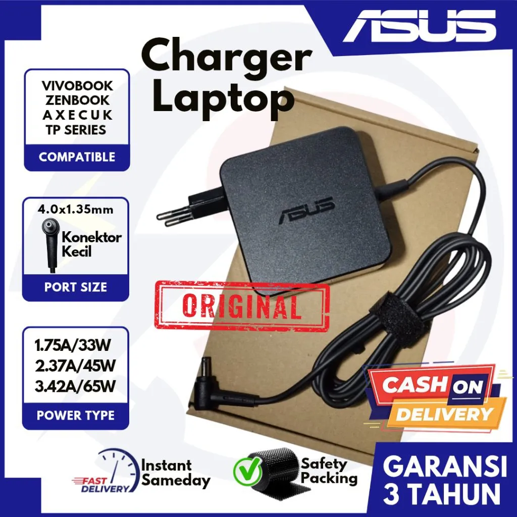 [GARANSI 3 TH] Charger Laptop Asus Original Small Plug Pin Bulat X200CA X453M X441 A442U A456U A412 A409 A509 A516 A407 E410M E410MA 1.75A 33W 2.37A 45W 3.42A 65W