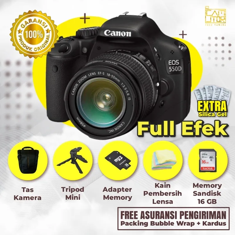 CANON 550D LENSA KIT 18-55 MM+MEMORY 16 GB+TRIPOD MINI+TAS BARU+FULL EFEK