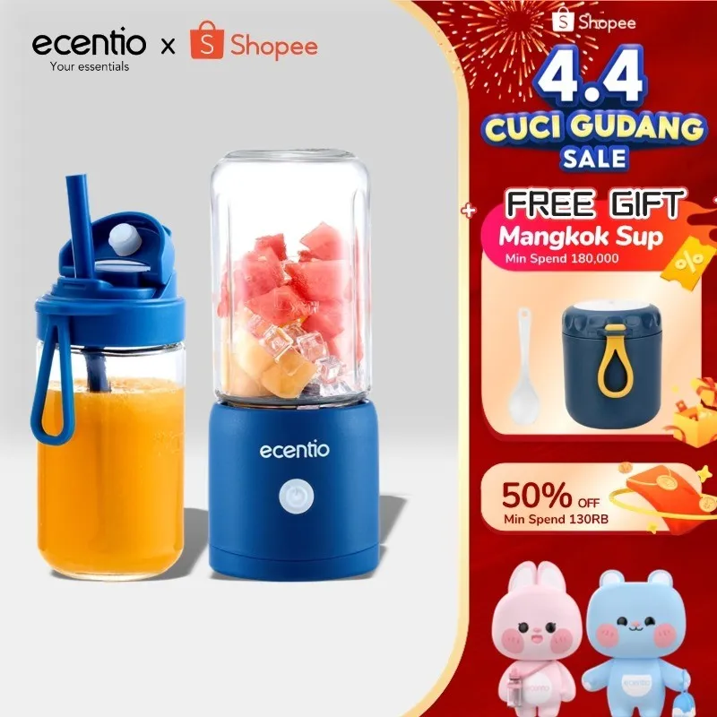 ecentio juicer blender 10 pisau juicer Kaca Tebal 2 Cup mini portable dengan sedotan 380ml+380ml