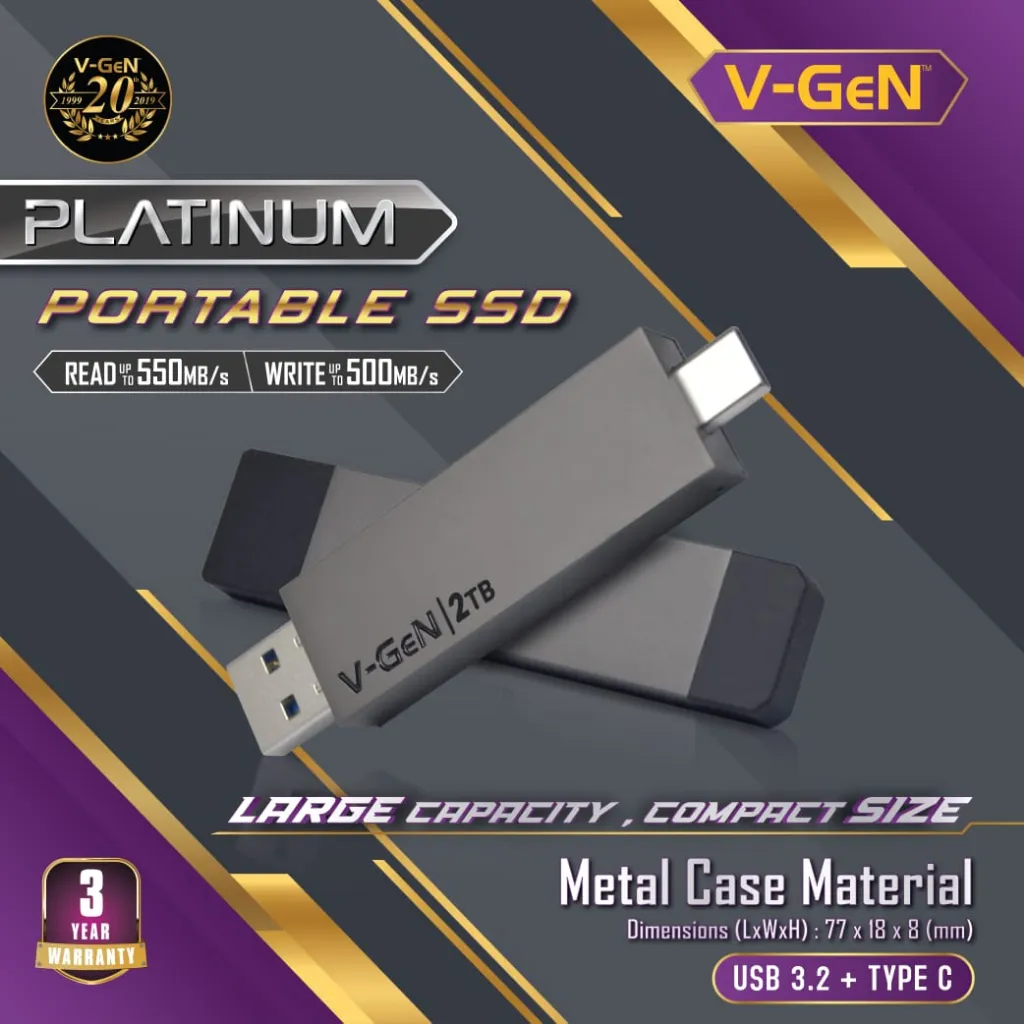 SSD Portable V-GeN Platinum 128GB 256GB 512GB 1TB USB 3.2 Type C SSD External