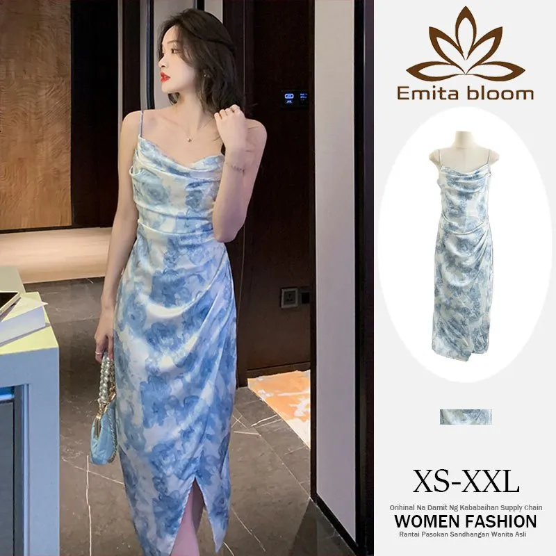 EMITA BLOOM Blue Floral Dress Biru Muda Summer Elegant Long Dress Pantai Wanita Korea Party import baju dress body press korean style terbaru 2026 kekinian   XS-4XL