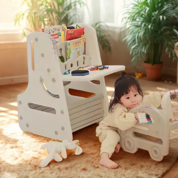 Meja Belajar Anak Lipat Multifungsi – Gambar, Simpan Mainan, Rak Buku, Kursi