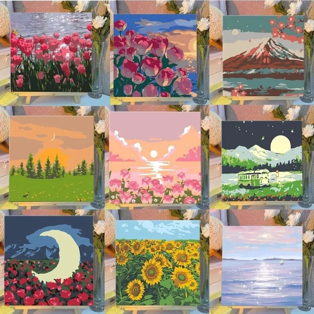 【50 Pola】DIY 20x20cm Paint Kit Digital Painting Kit Kanvas Painting Dengan Kayu Frame Wall Decoration