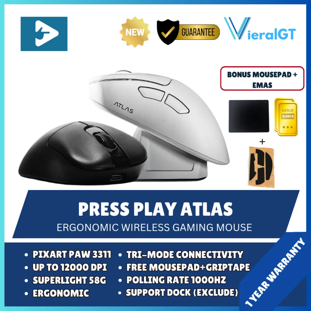 Press Play Atlas Ergonomic Ultralight Wireless Mouse Gaming 3in1 Connection Docking Charge