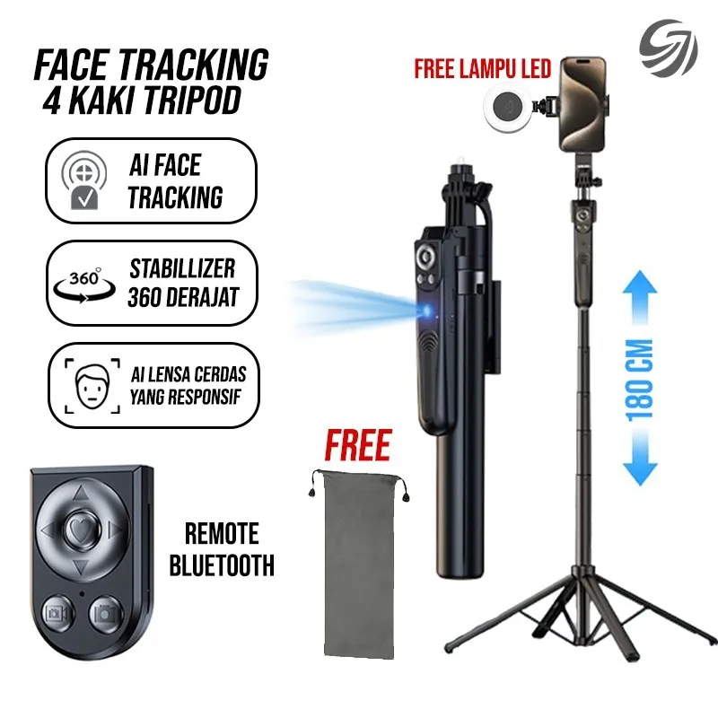 CIJI Tripod  Selfie Stick ESB181 Smart Face Tracking AI Camera/Handphone/Ringlight Panoramic Auto Balance Tinggi 180cm Camera 360 Derajat dengan Remote Control Free Small LED FILL LIGHT