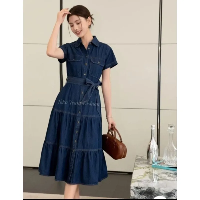 DRESS JEANS WANITA LENGAN PENDEK ADA TALI PINGGANG