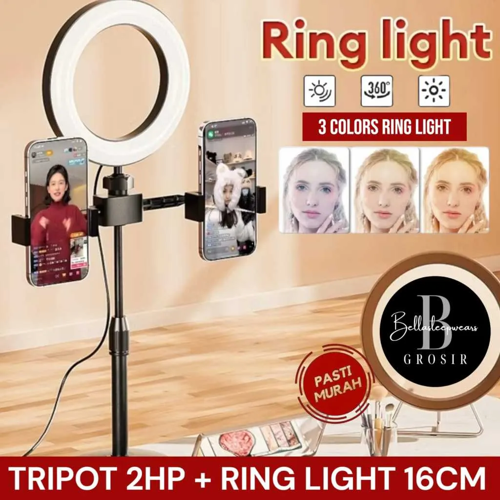 BELLA | TRIPOT Ring light 16cm + Tripod T 28cm with 2 Holder HP Ring light Tripod Mini Stand HP Live stream Selfie Make Up Vlog Lampu 3 Mode