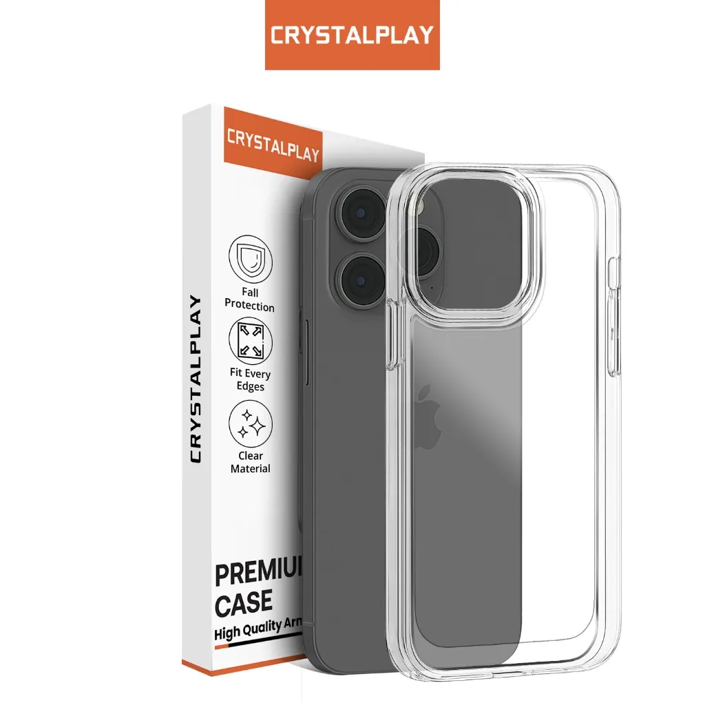 CrystalPlay Armour Military Case iPhone Clear | Akrilik Bening Anti Kuning Shockproof Premium – iPhone X–15 Pro/Pro Max/Plus/Mini