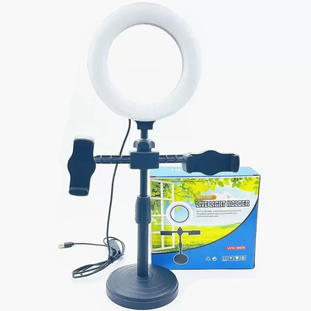 Ring light + Holder Double / Lampu Live Streaming Holder HP Tripod Mini Stand HP 2 Head Meja