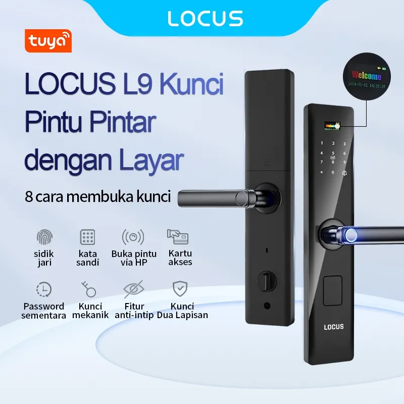 LOCUS L9 Screen Smart Lock dengan Layar, Kunci Pintu Pintar Tuya App/Fingerprint/Password/Access Card. Semikonduktor 3D dan Algoritma Sidik Jari Keuangan dari FPC Swedia. Alarm Anti-pencuri