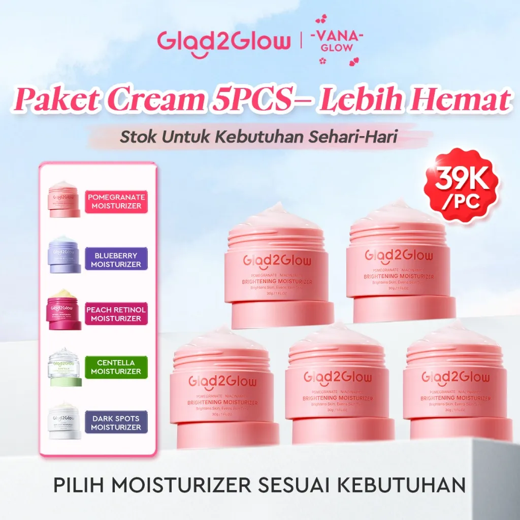[100% ORI] Glad2Glow [ 5PCS Persediaan ] Moisturizer -Pomegranate brightening moisturizer/Blueberry moisturizer/Centella allantoin soothing gel moisturizer/Peach retinol moisturizer/Yuja symwhite 377 dark spot moisturizer